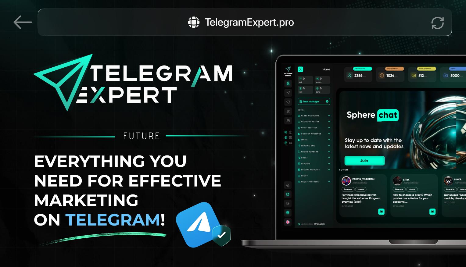 Telegram Soft Expert dashboard screenshot showing account management, messaging, and analytics modules
