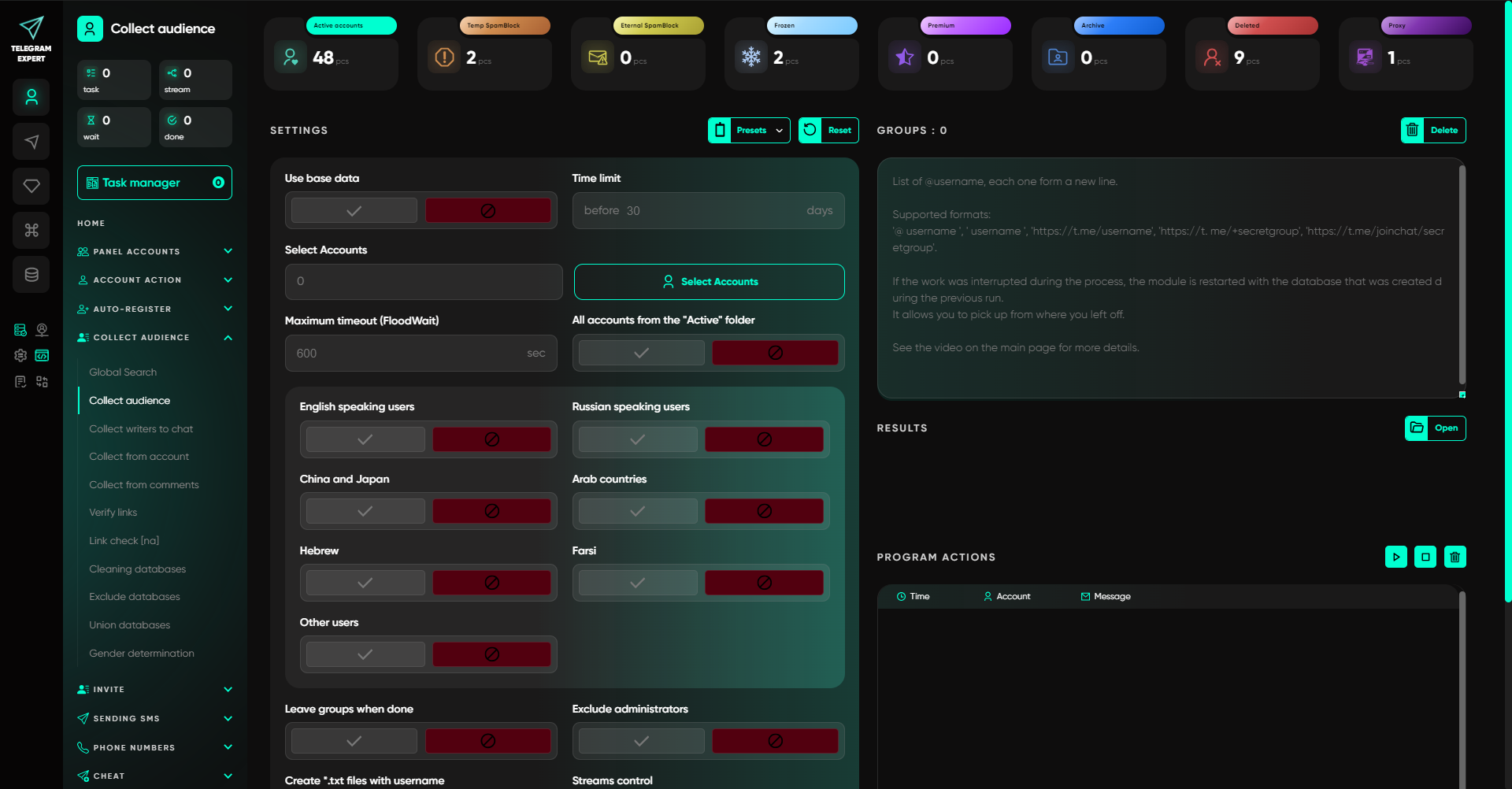 Telegram Expert parser interface showing audience collection and filtering options